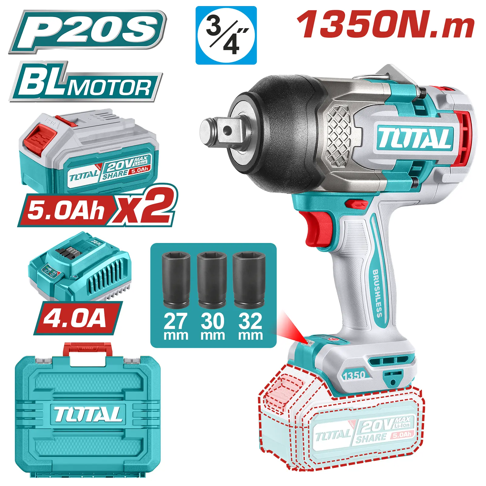 Cordless impact wrench 20V 1350n.m TIWLI20135