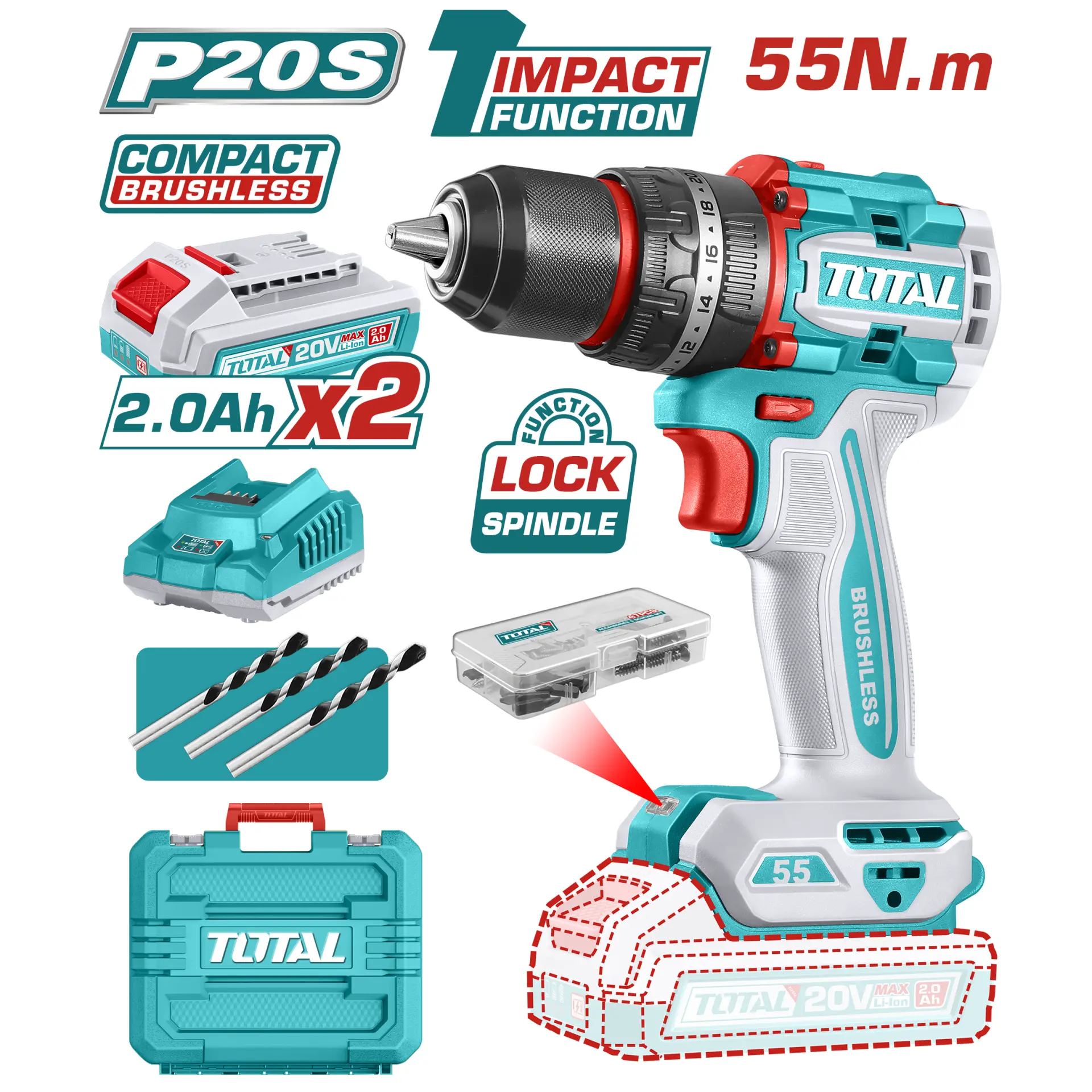Compact Brushless Cordless Impact Drill 20V TIDLI20558